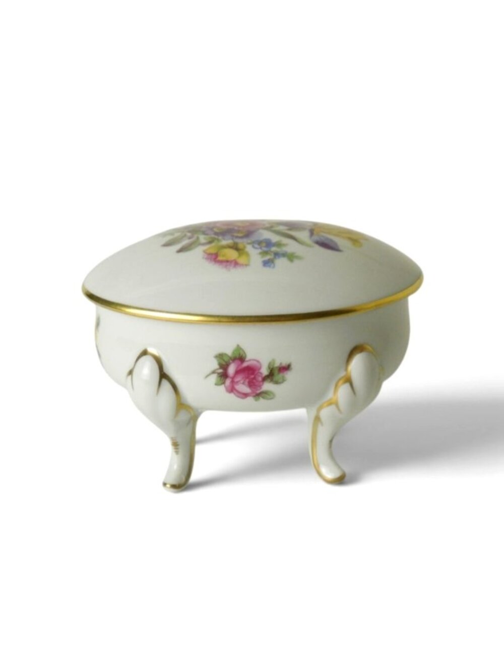Vintage Graf Von Henneberg Porcelain Footed Trinket Box Floral Germany Gold